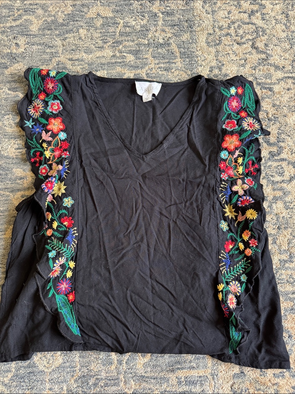 Embroidered Black V-Neck Flutter Sleeve Blouse